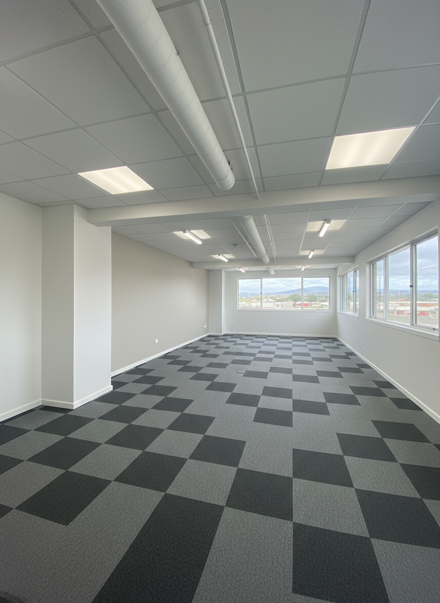 An empty, freshly repainted commercial office interior in Armidale, featuring large white walls with a soft, neutral greige accent wall that runs the length of an open-plan space. The ceiling grid and ductwork are pristine, with neatly painted bulkheads and columns. The carpet tiles are new and clean, and wide windows reveal a faint blur of a regional townscape outside. Cool, even fluorescent-style lighting combines with soft daylight to create consistent illumination across all surfaces. Photographic realism from a slightly elevated corner, capturing the full room and clean lines, suggesting efficiency, reliability, and readiness for tenants after professional commercial repainting.