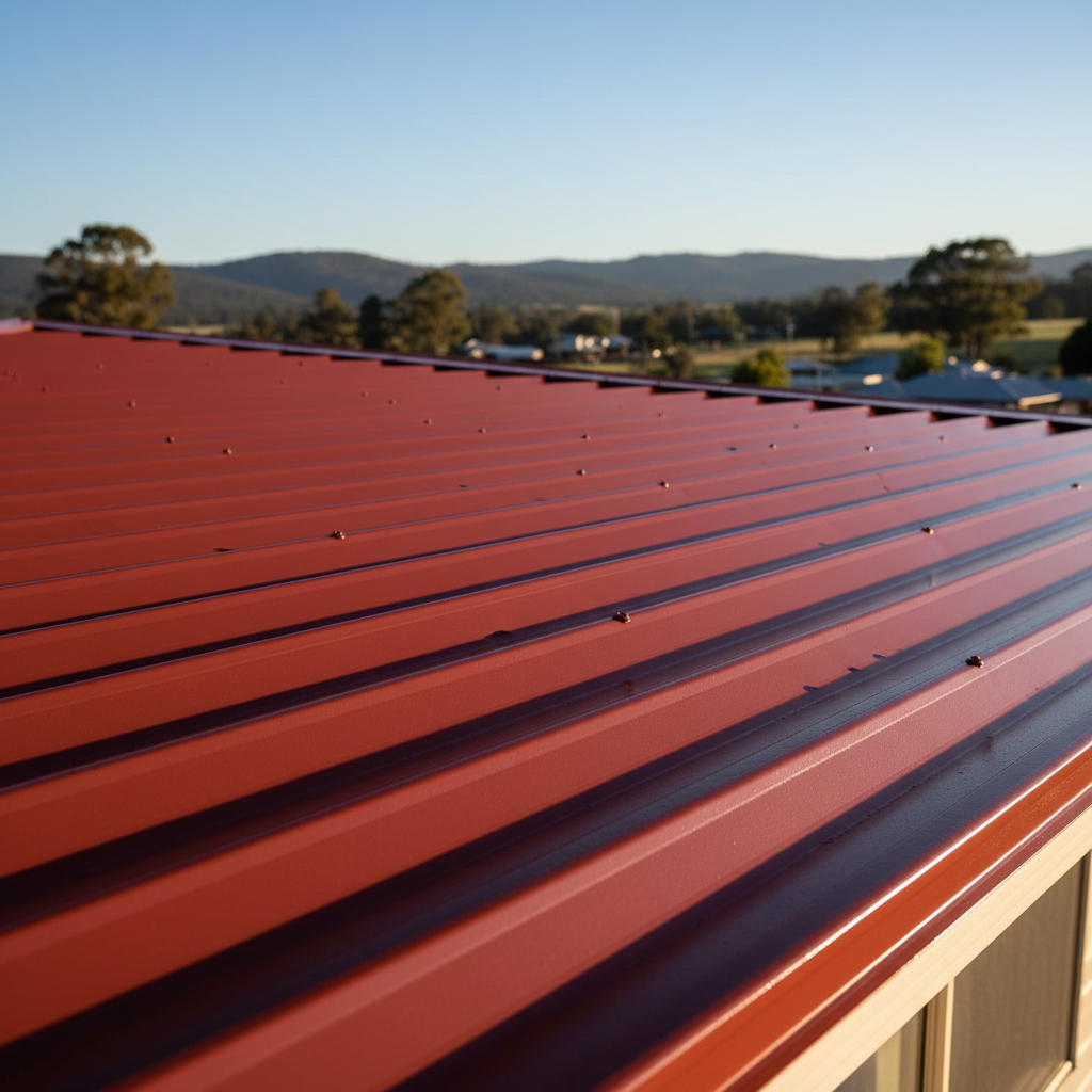 A close-up, photographic realism shot of a corrugated metal roof in Armidale, freshly coated in a deep, rich heritage red roof paint. Each ridge of the corrugation is cleanly covered, with no bare patches or overspray on adjoining gutters. In the background, slightly out of focus, low New England hills and scattered gum trees sit under a clear blue sky. The late afternoon sunlight creates soft highlights along the metal ridges and subtle shadows in the grooves, enhancing the texture of the roof. Captured from a low angle along the roofline, emphasizing precision, weather protection, and professional roof painting expertise.